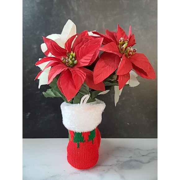 Vintage Christmas Decor Santa Boot With Faux Poinsettia Flowers - Picture 5 of 10